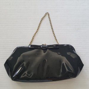 Vintage Shiny Black Patent Snap Clutch Handbag Purse Snap Closure Bow Detail